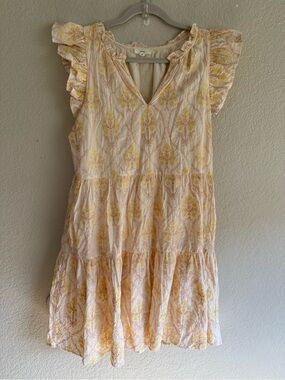 a loves a embroidery Ruffled V-Neck Mini Dress in Cream and Yellow